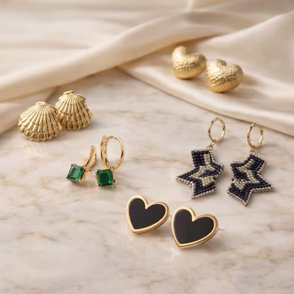 Aretes elegantes de bisutería con diseños modernos y artesanales en fondo claro