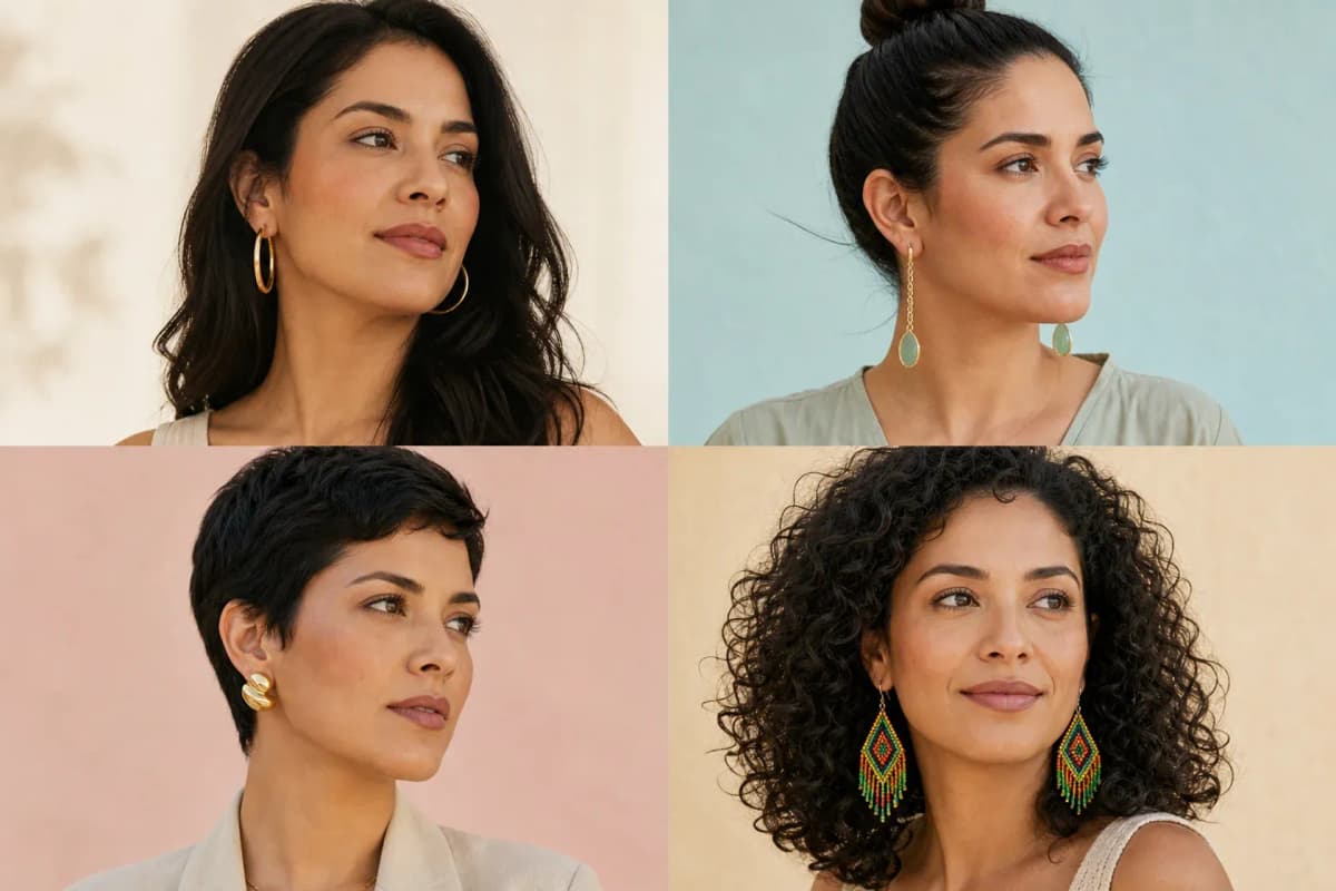 Comparación editorial de aretes pequeños, largos y geométricos junto a distintos peinados