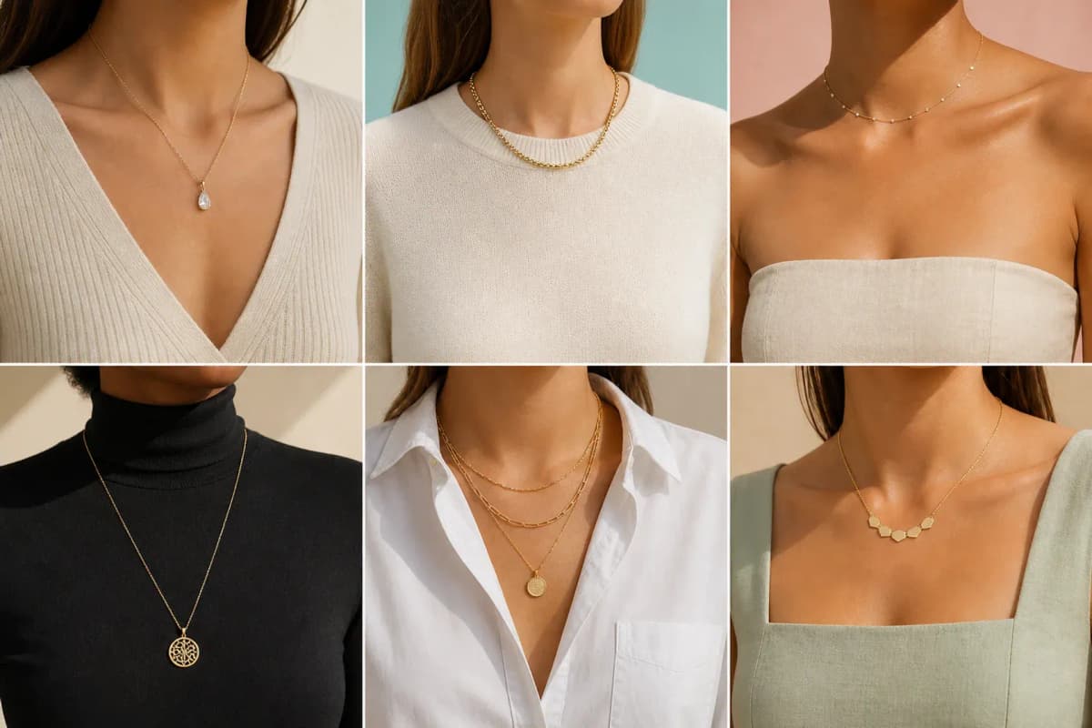Guía visual con choker, collar medio y collar largo junto a varios escotes