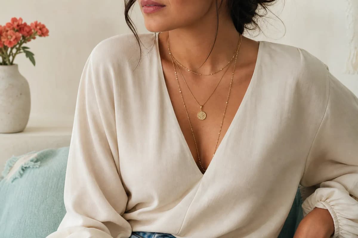 Composición editorial de collares sobre prendas con diferentes tipos de escote