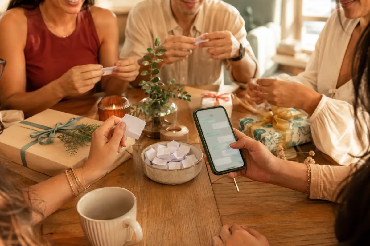 Grupo de amigos organizando un amigo secreto con papelitos, regalos y un teléfono