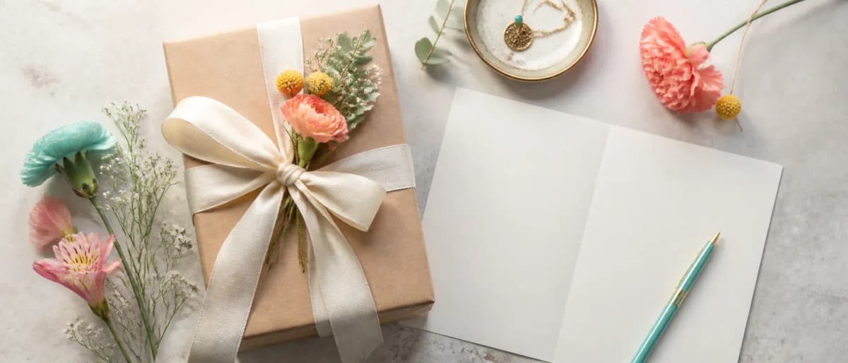 Regalo envuelto junto a una tarjeta en blanco y un bolígrafo turquesa
