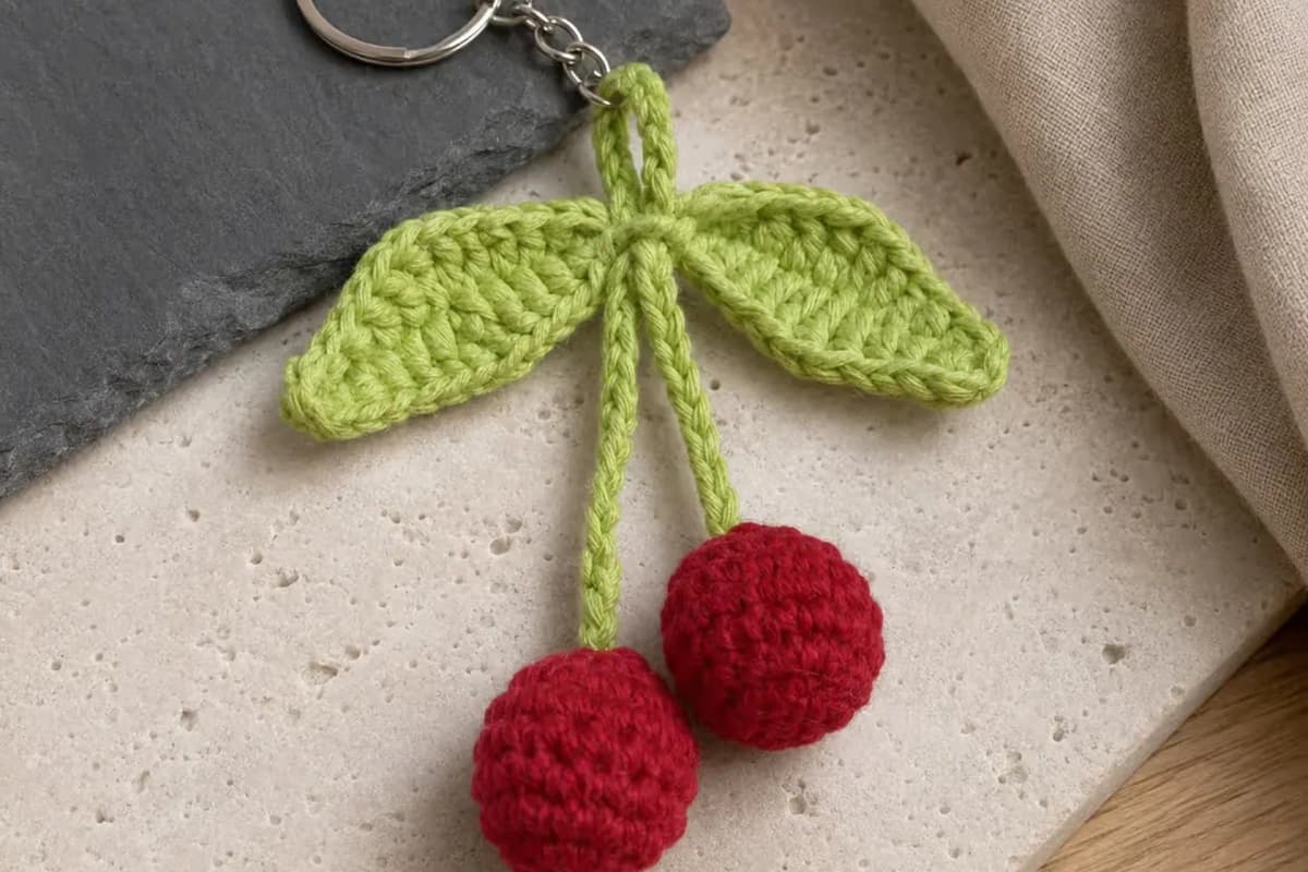 Llavero Cerezas tejido a mano de la colección crochet de Vivelu