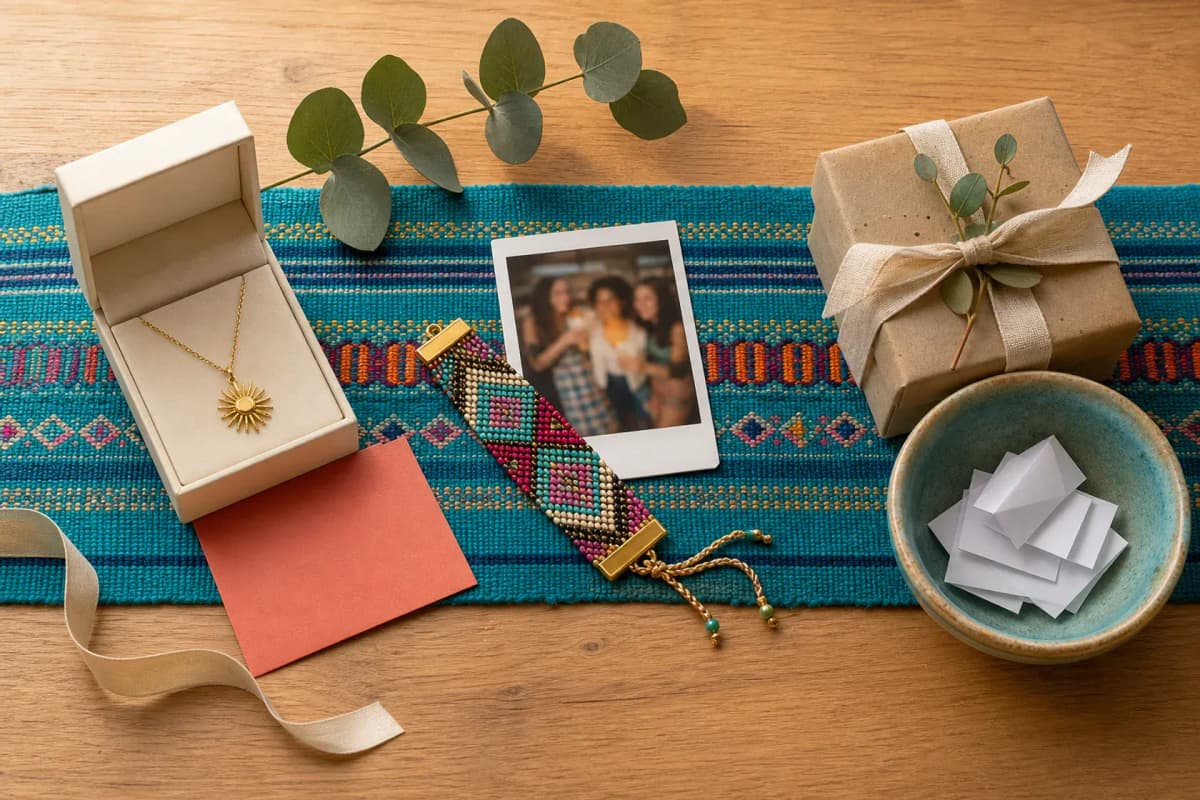 Mesa colorida con varios regalos pequeños, tarjetas y accesorios para compartir