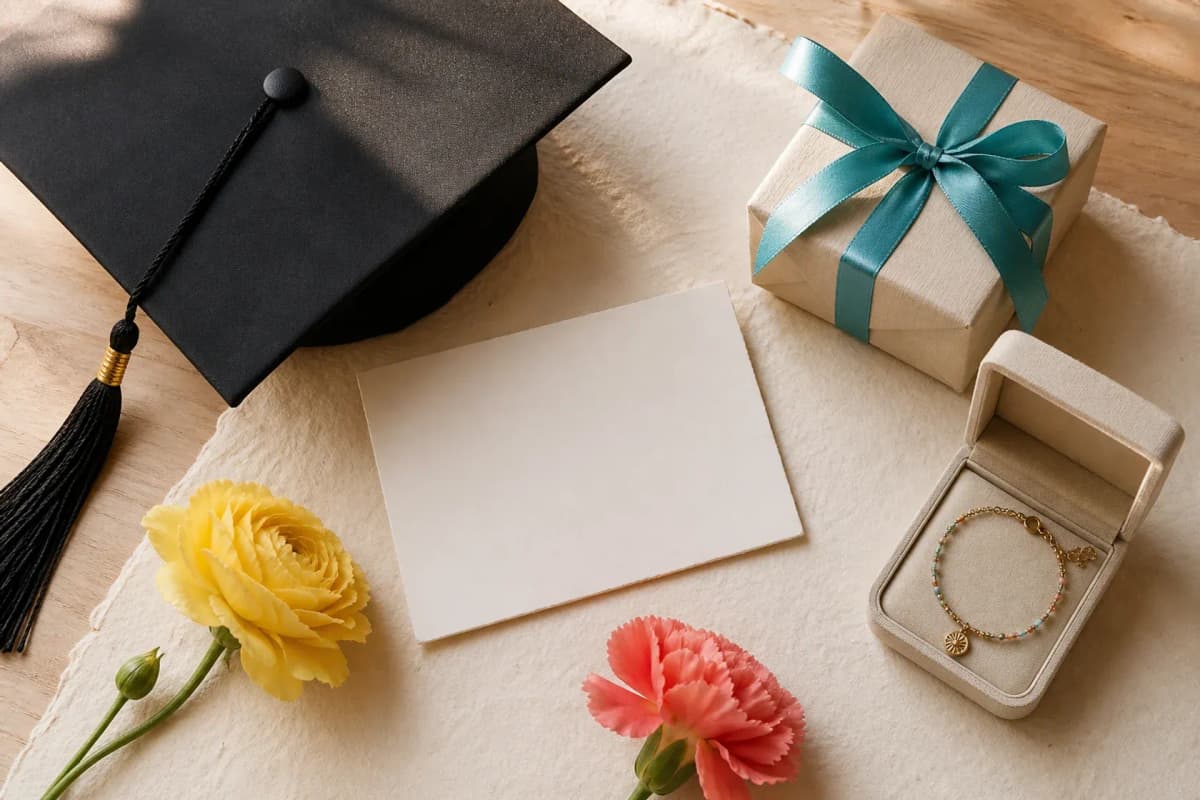 Composición de regalo de graduación con accesorio, tarjeta, flores y birrete