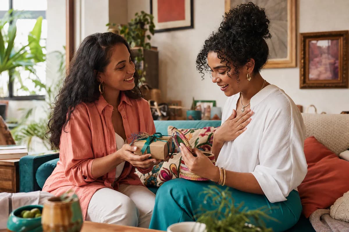 Dos mejores amigas compartiendo un regalo envuelto en un ambiente alegre y natural