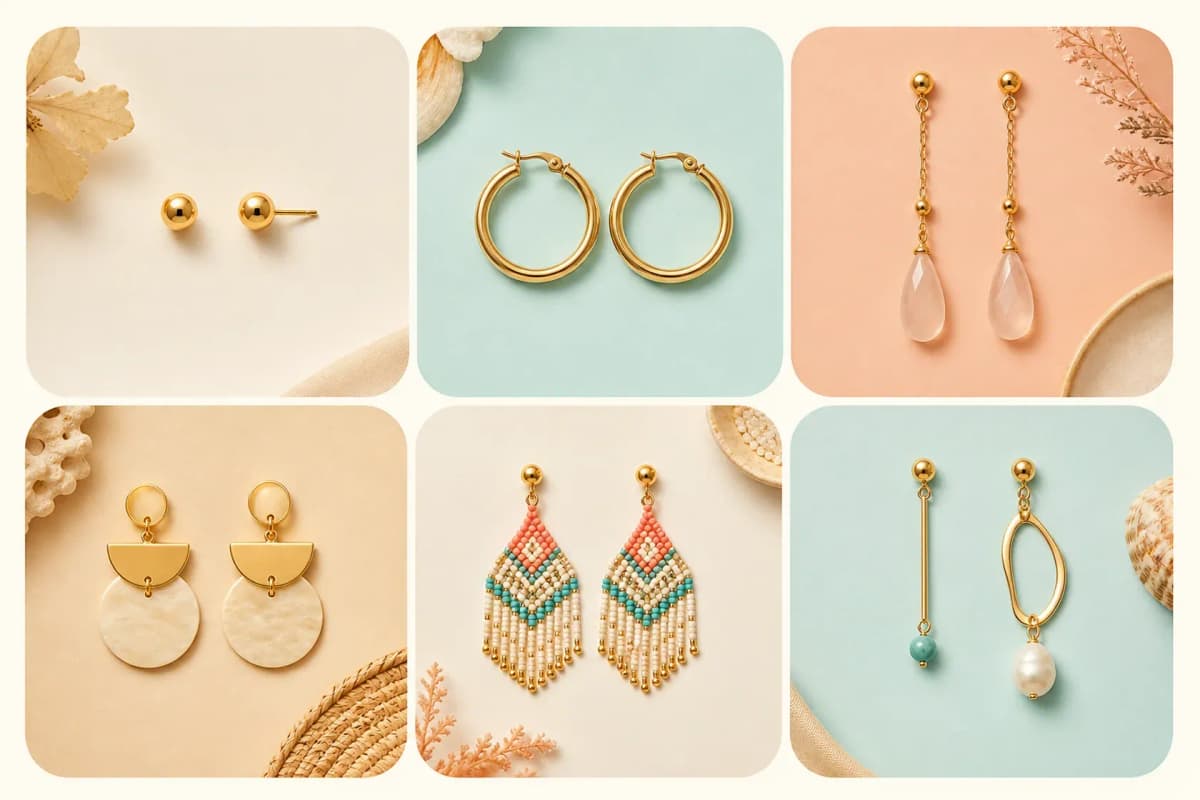 Detalle de topos, argollas y aretes colgantes sobre una superficie clara