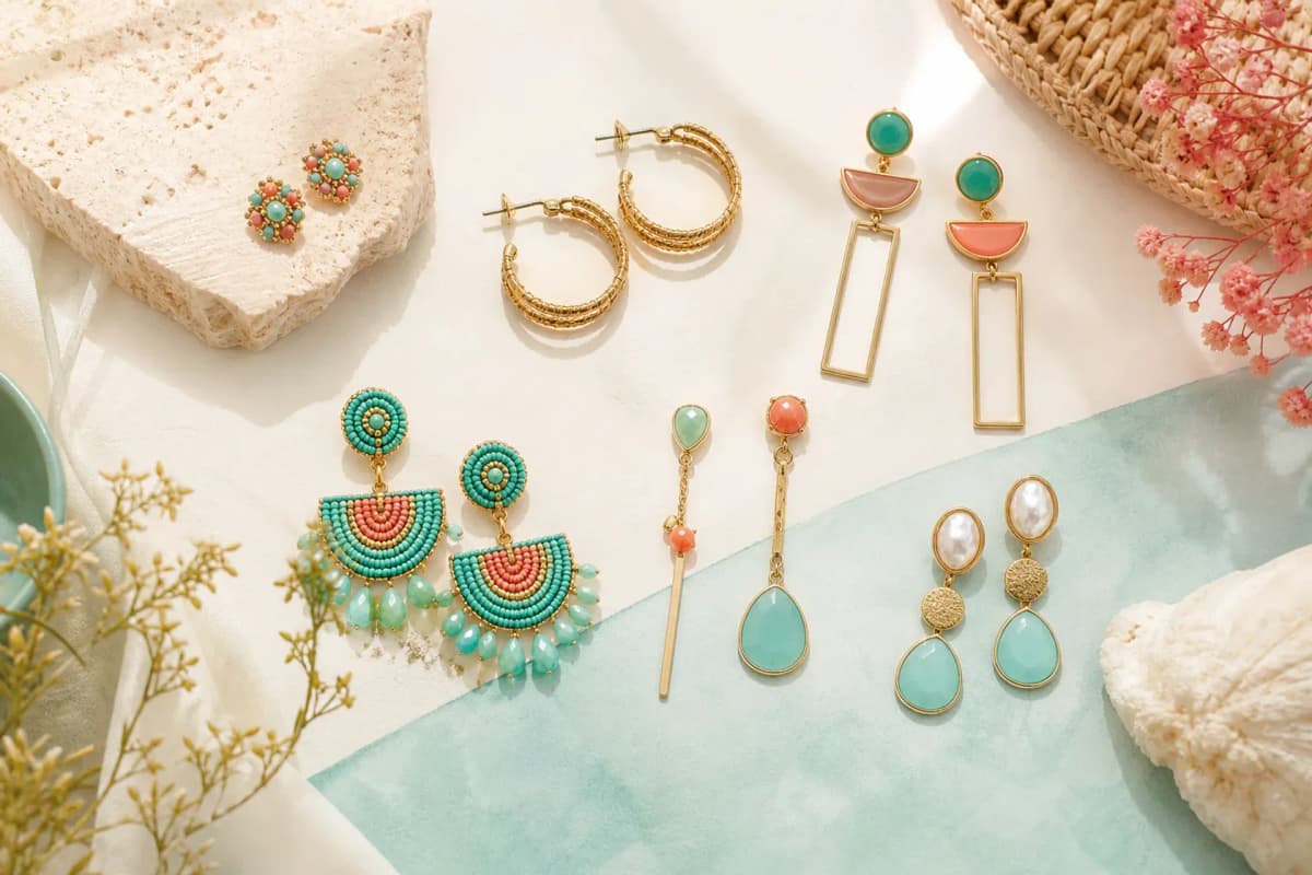 Composición editorial con distintos tipos de aretes organizados por forma y tamaño